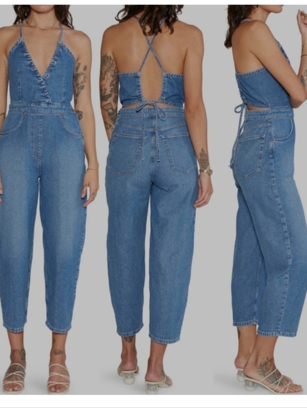 ETICA Birdie Chambray Halter Jumpsuit In River Rock XS